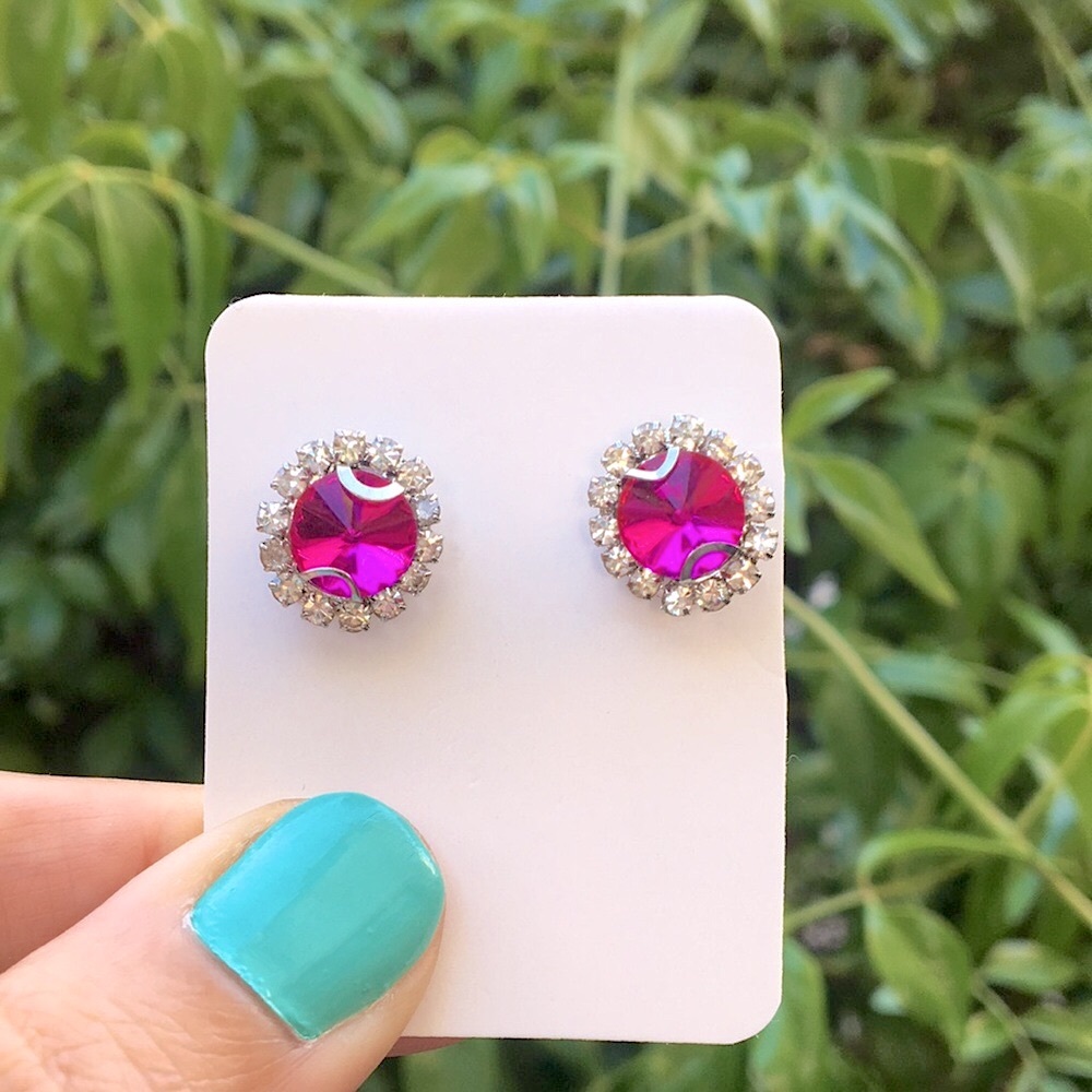 Fuchsia Hot Pink Rivoli + Silver Crystal Halo Stud Earrings - Picture 5 of 9